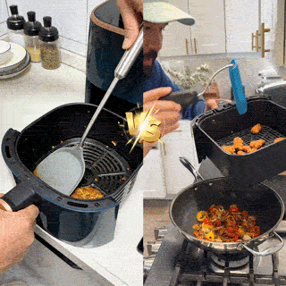 Adjustable spatula used with a deep air fryer basket
